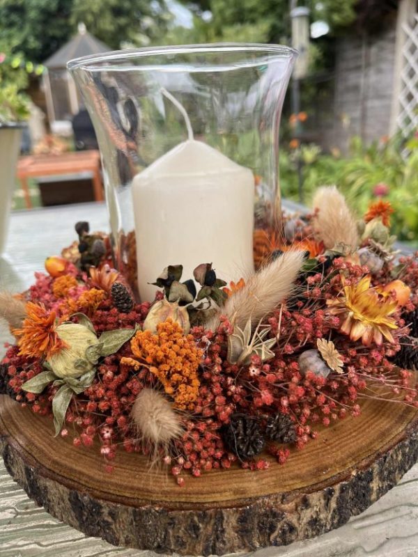 Dried flower candle table decoration - Brown / Orange