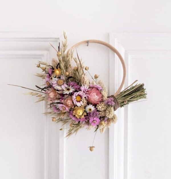 Pink and yellow dried flower half wreath