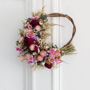Pink, lilac and green dried flower willow wreath