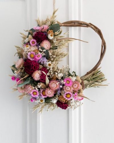 Pink, lilac and green dried flower willow wreath