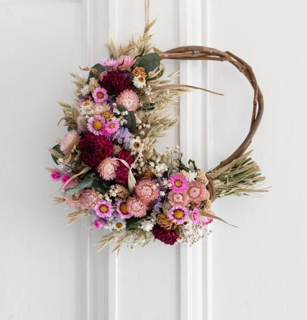 Pink, lilac and green dried flower willow wreath